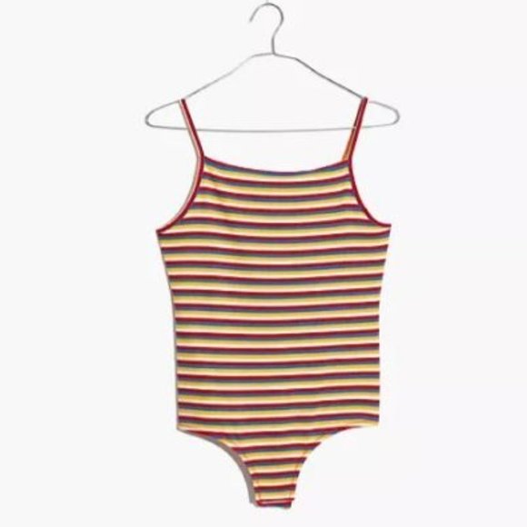 NEW Women's Madewell Rainbow Stripe Ribbed Thong Bodysuit, Size XS and XXS - Red - Picture 5 of 9